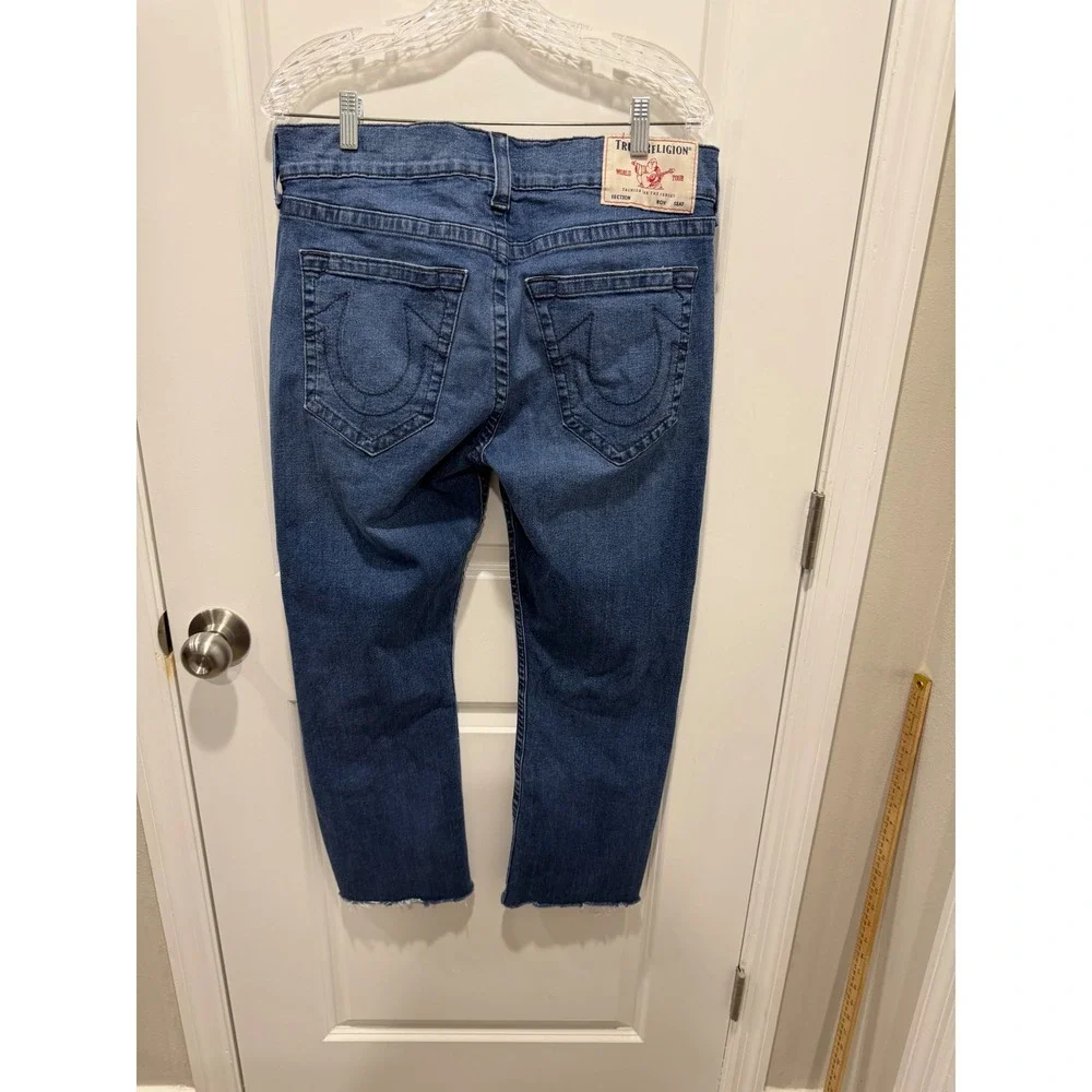 True Religion Mens Ricky Straight Leg Jeans Raw Hem Offset Blue Size 32
